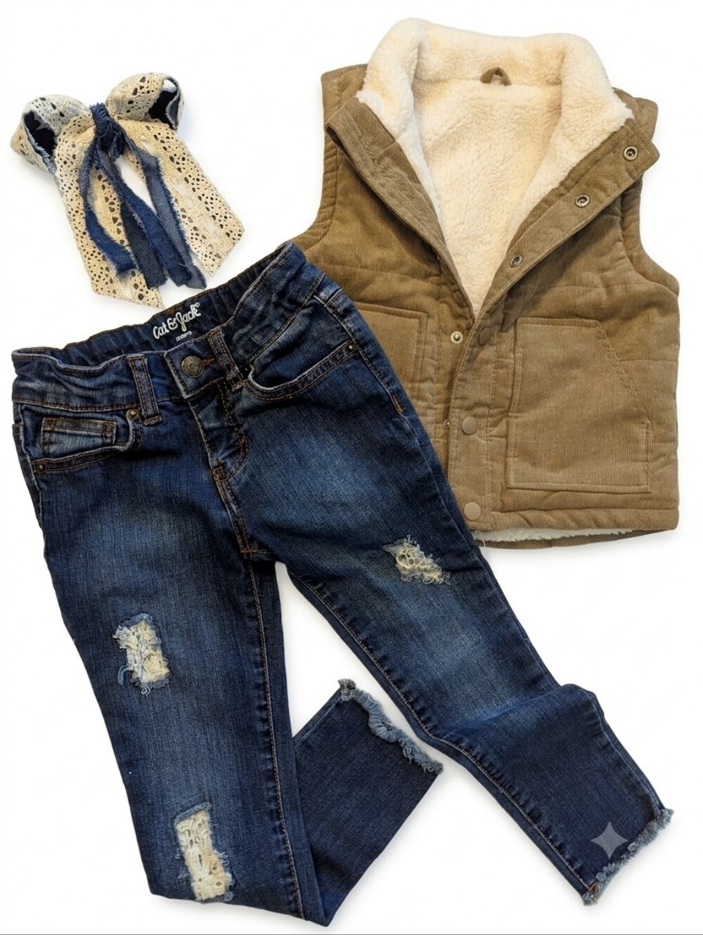 Cute  BTS Fall Kindergarden Outfit Size 4 Cat & Jack Jeans Sherpa Vest & Bow